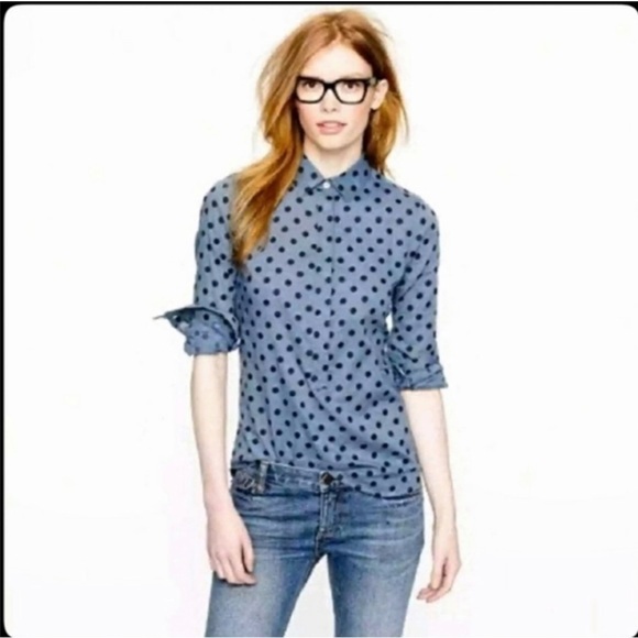 J. Crew Chic yet casual blue navy polka dot long sleeve cotton pullover top - Picture 1 of 7